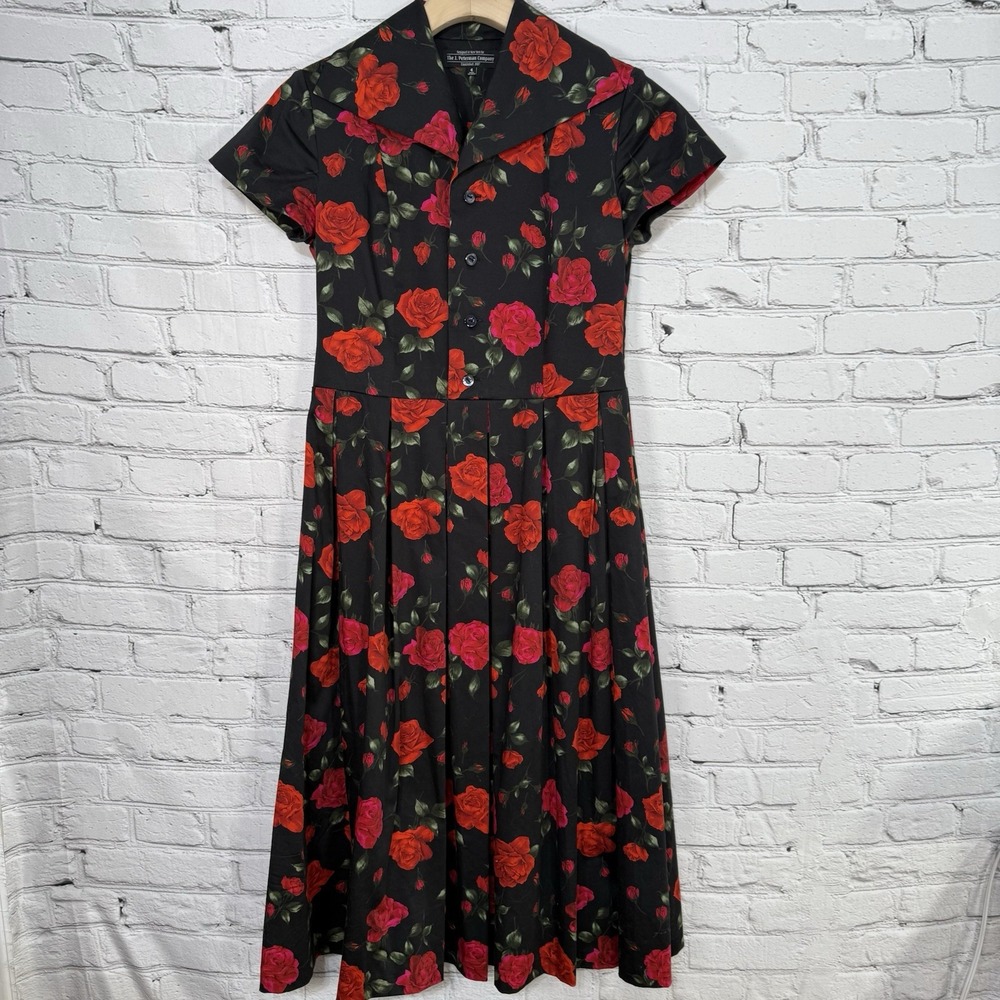 J Peterman Floral Tea Dress Size‎ 4 Roses Pleated Lined Button Placket To Waist